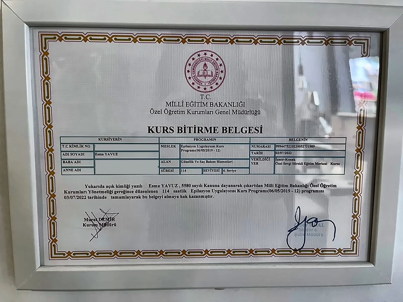 Epilasyon Uygulayıcısı Kurs Bitirme Belgesi